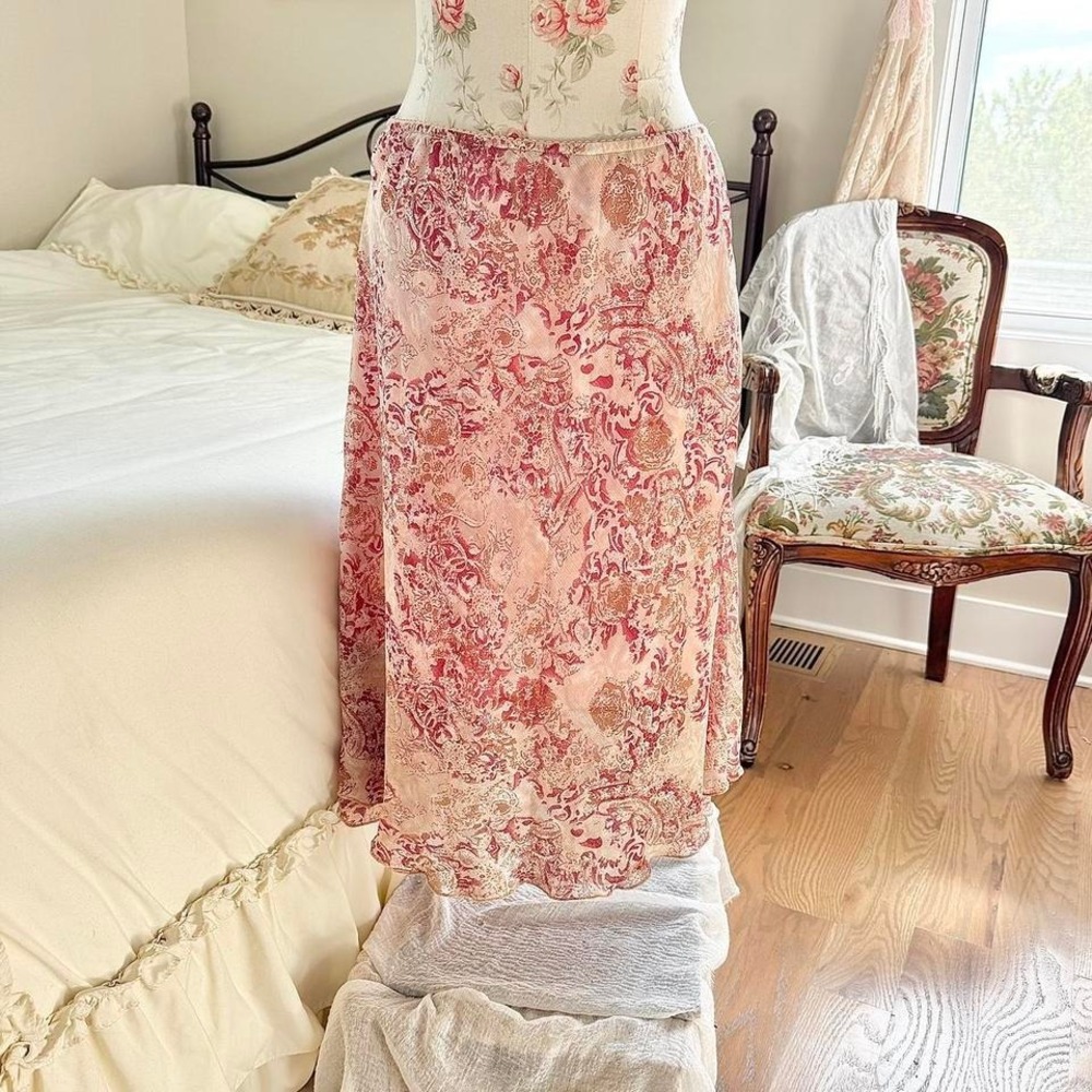 Pink floral midi skirt  Y2K floral midi skirt Notations size xl